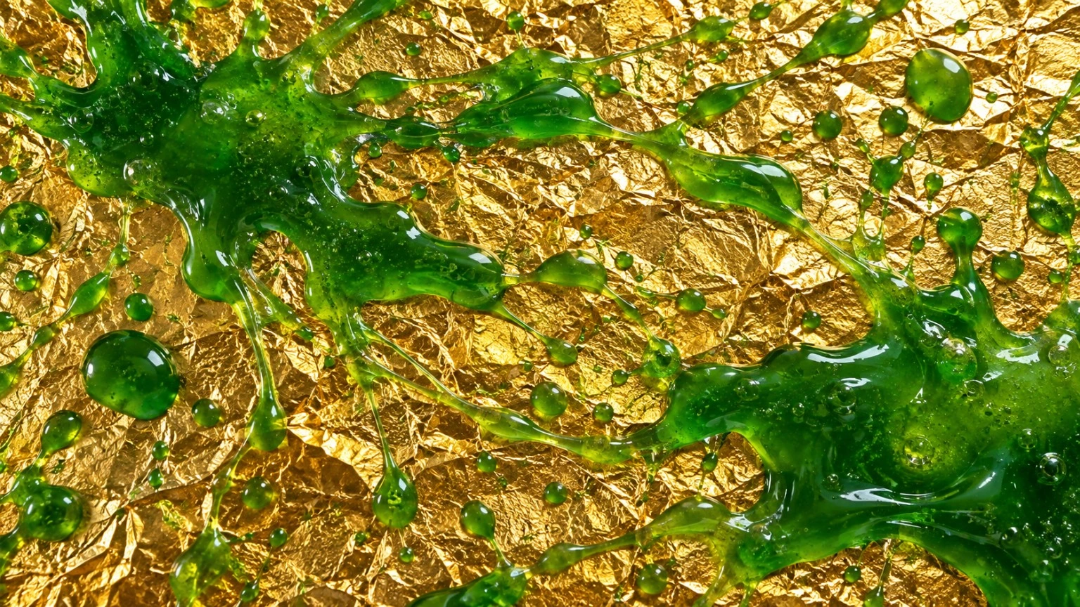 Éclaboussures de slime verte sur une feuille d’or froissée